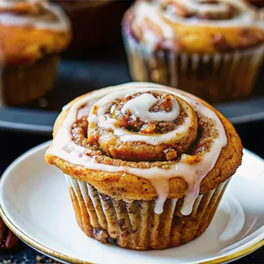Golden brown pumpkin cinnamon roll muffins with cream cheese glaze drizzled on top, showing beautiful cinnamon swirl patterns throughout the fluffy muffin texture