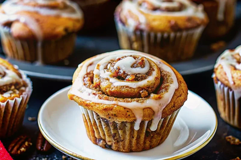 Golden brown pumpkin cinnamon roll muffins with cream cheese glaze drizzled on top, showing beautiful cinnamon swirl patterns throughout the fluffy muffin texture
