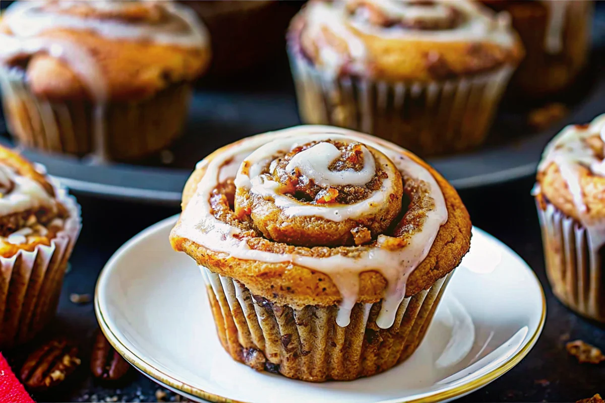 Golden brown pumpkin cinnamon roll muffins with cream cheese glaze drizzled on top, showing beautiful cinnamon swirl patterns throughout the fluffy muffin texture