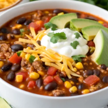 Best homemade taco soup recipe with ground beef, beans, corn, and colorful toppings in rustic bowl