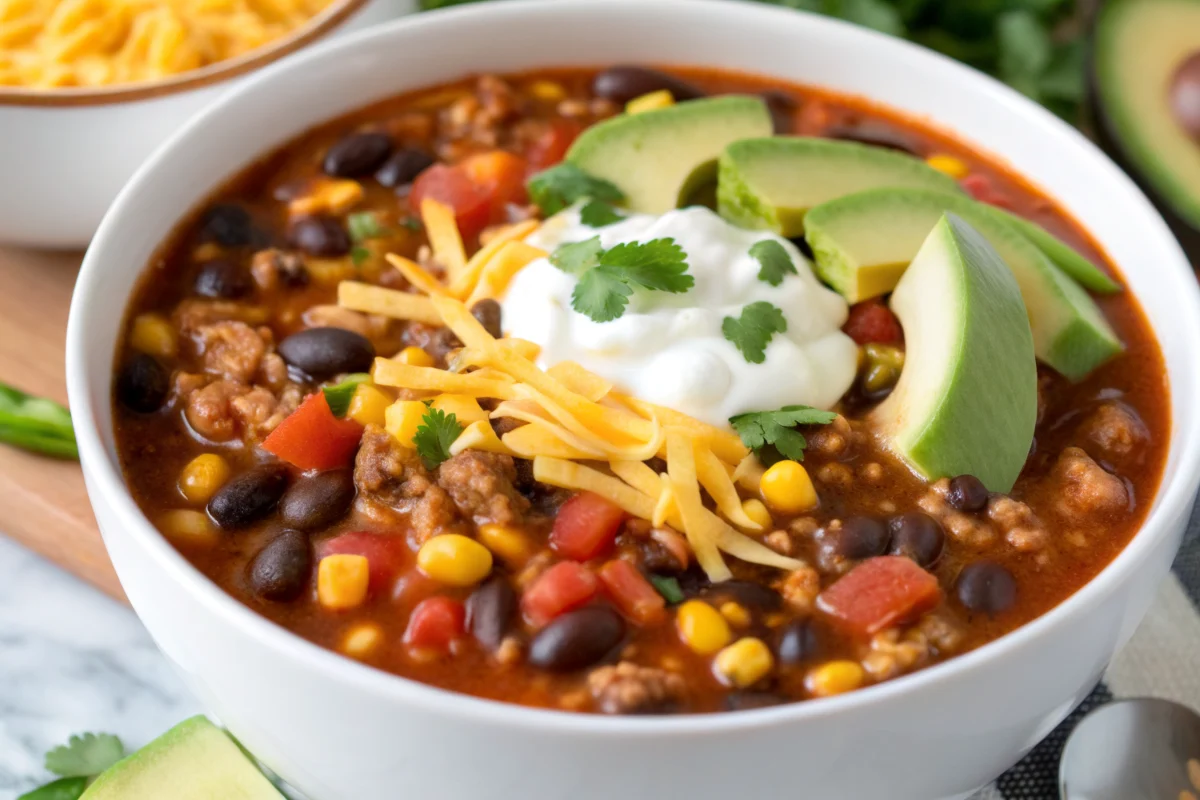 Best homemade taco soup recipe with ground beef, beans, corn, and colorful toppings in rustic bowl