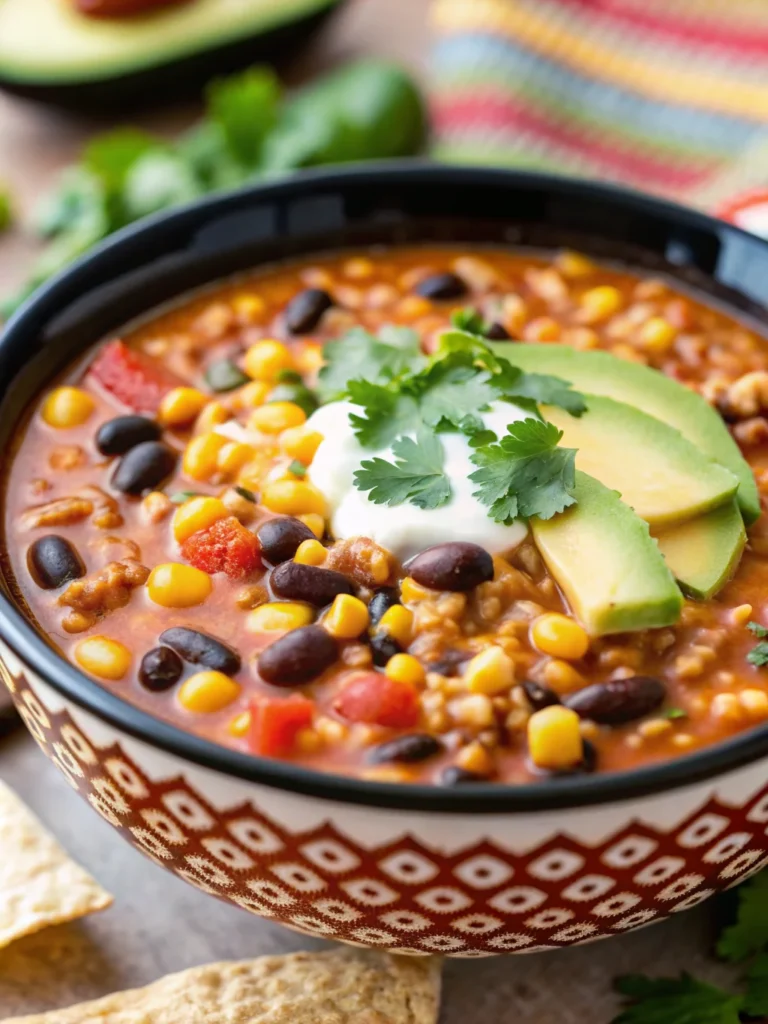 Best homemade taco soup recipe with ground beef, beans, corn, and colorful toppings in rustic bowl