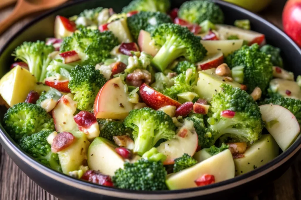 Fresh Honeycrisp apple salad with broccoli florets, cranberries, and nuts in white serving bowl, featuring vibrant colors and creamy honey dressing