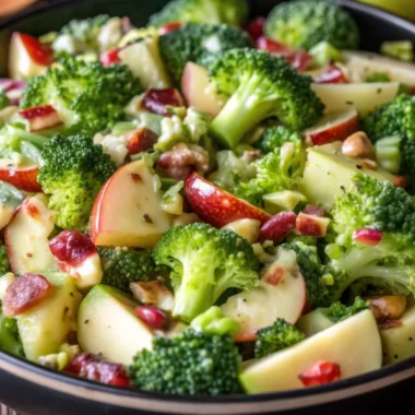 Fresh Honeycrisp apple salad with broccoli florets, cranberries, and nuts in white serving bowl, featuring vibrant colors and creamy honey dressing