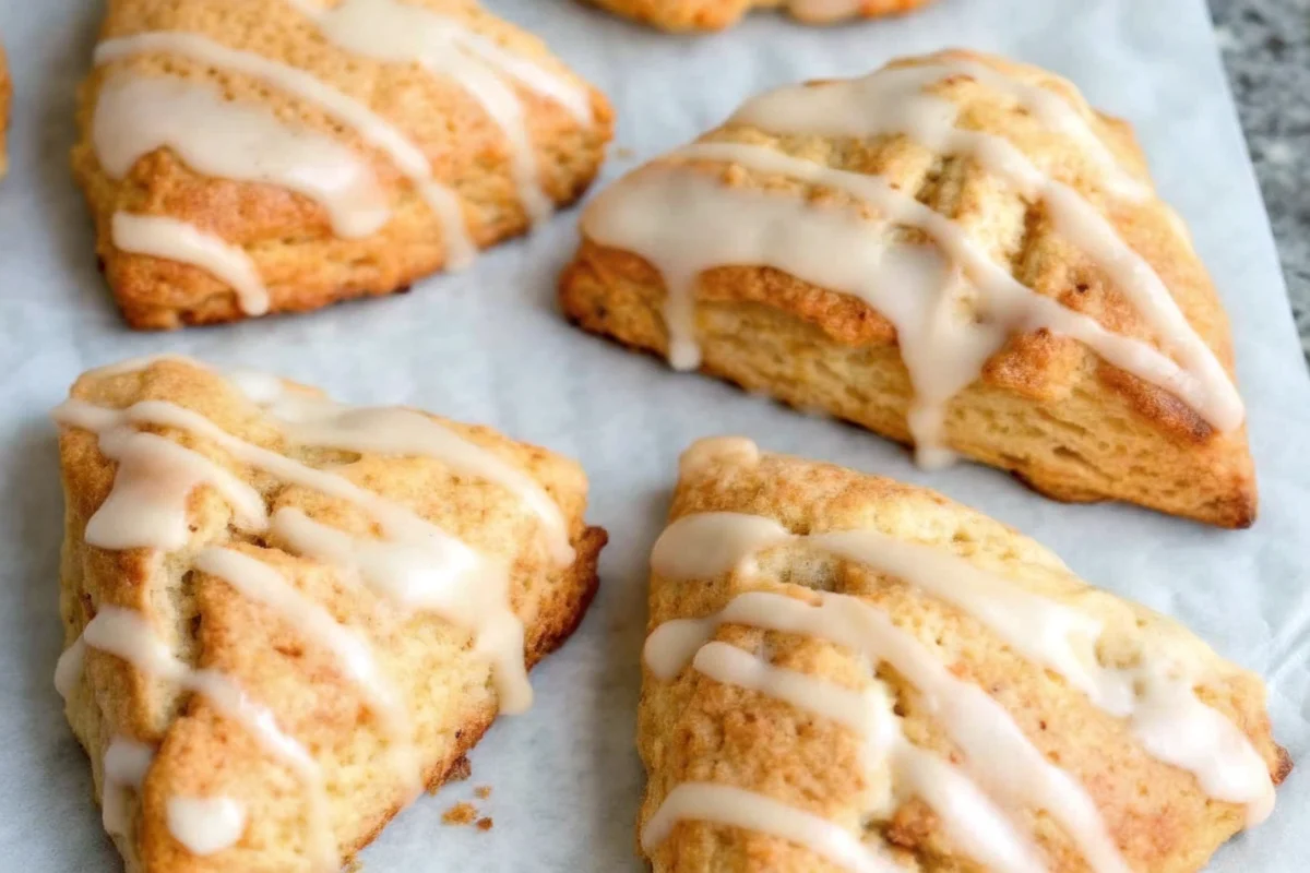 Golden pumpkin scones recipe with warm spices arranged on parchment paper, showing flaky texture and perfect triangle shape