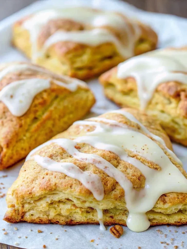 Golden pumpkin scones recipe with warm spices arranged on parchment paper, showing flaky texture and perfect triangle shape