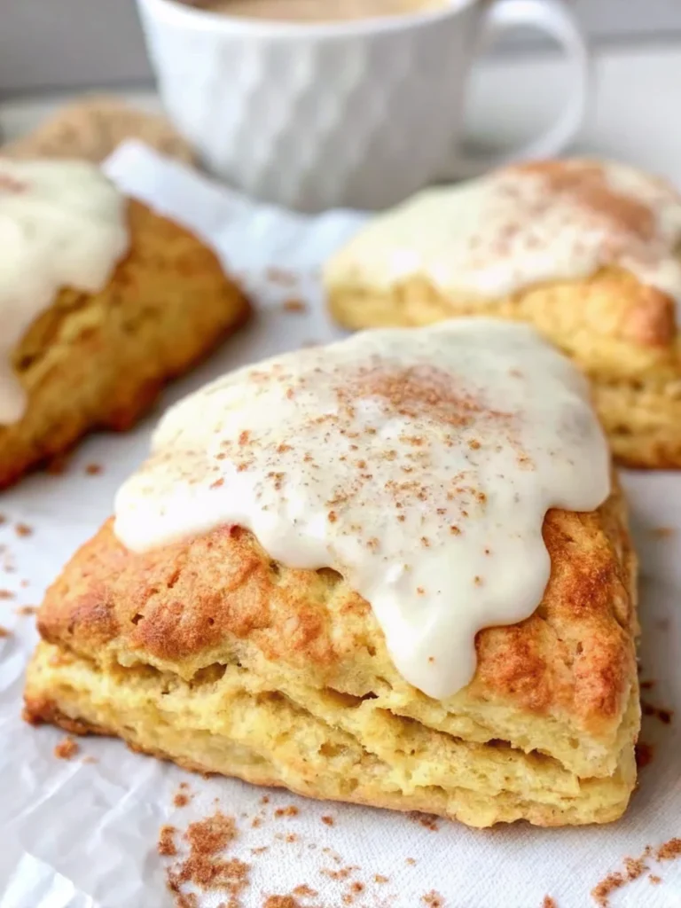 Golden pumpkin scones recipe with warm spices arranged on parchment paper, showing flaky texture and perfect triangle shape