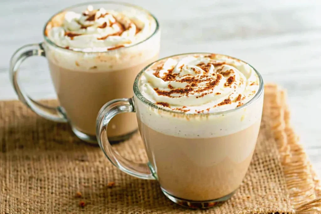 Homemade Pumpkin Spice Latte in clear glass mug with whipped cream topping and cinnamon stick garnish on wooden table with fall leaves