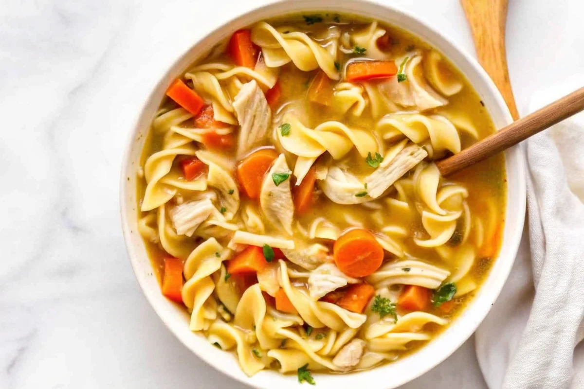 Homemade chicken noodle soup with tender egg noodles, shredded chicken, carrots, and celery in clear golden broth served in white bowl