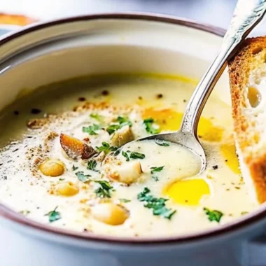 Creamy French garlic soup served in white bowl with fresh parsley garnish and crusty bread slices