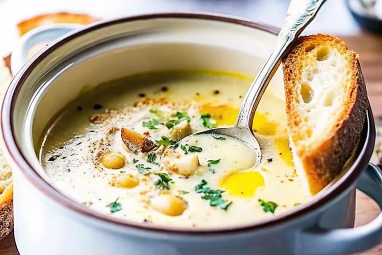 Creamy French garlic soup served in white bowl with fresh parsley garnish and crusty bread slices