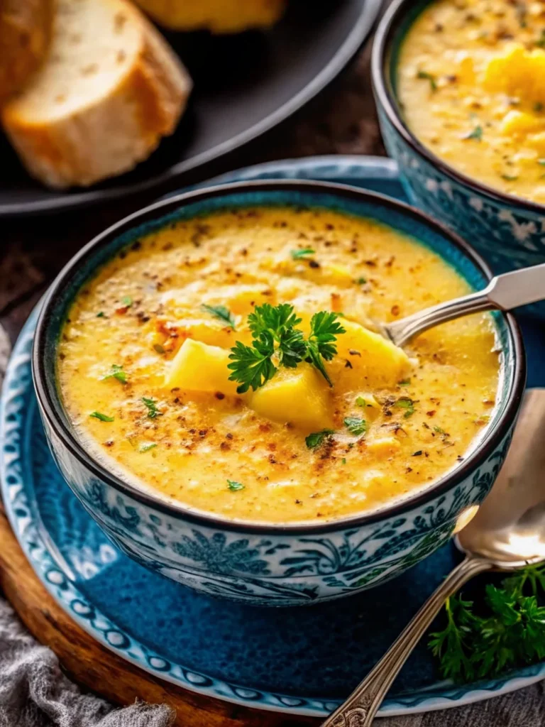 Creamy cheddar garlic herb potato soup in white bowl garnished with fresh parsley and melted cheese