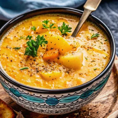Creamy cheddar garlic herb potato soup in white bowl garnished with fresh parsley and melted cheese