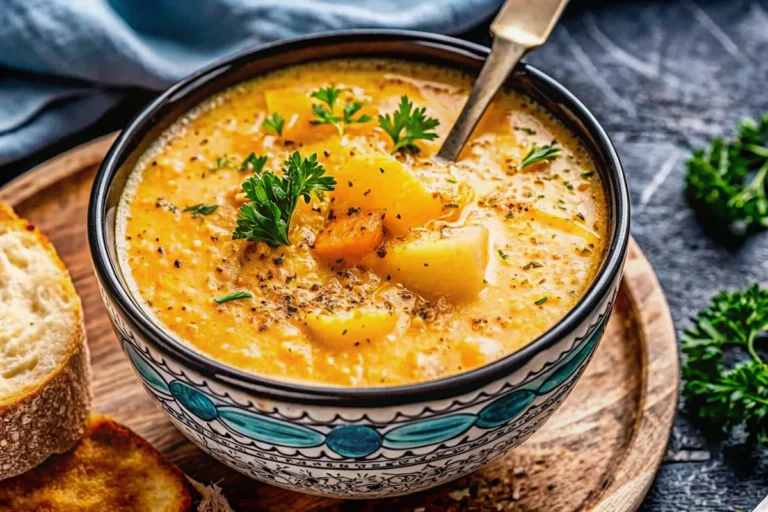 Creamy cheddar garlic herb potato soup in white bowl garnished with fresh parsley and melted cheese