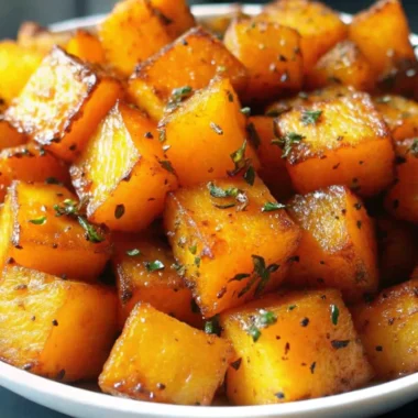 Golden roasted butternut squash cubes seasoned with herbs and spices on a white serving platter, perfect for butternut squash recipes