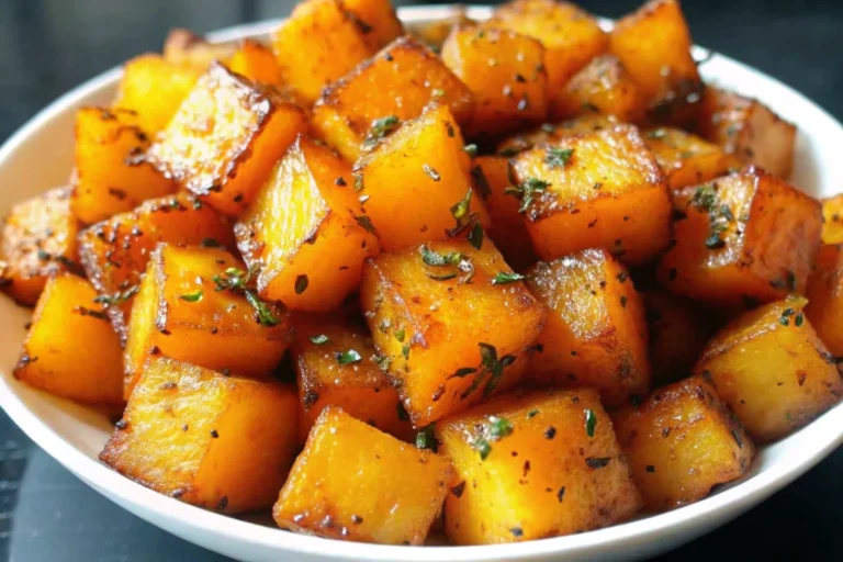 Golden roasted butternut squash cubes seasoned with herbs and spices on a white serving platter, perfect for butternut squash recipes