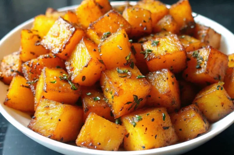Golden roasted butternut squash cubes seasoned with herbs and spices on a white serving platter, perfect for butternut squash recipes