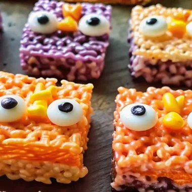 Vibrant orange Halloween rice krispie treats topped with spooky sprinkles including candy eyeballs, ghost shapes, and bat decorations arranged on a festive Halloween-themed serving platter