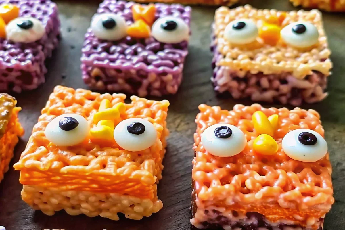 Vibrant orange Halloween rice krispie treats topped with spooky sprinkles including candy eyeballs, ghost shapes, and bat decorations arranged on a festive Halloween-themed serving platter