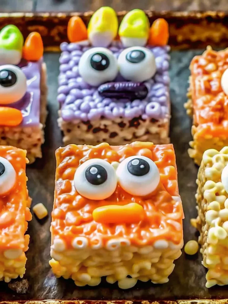 Vibrant orange Halloween rice krispie treats topped with spooky sprinkles including candy eyeballs, ghost shapes, and bat decorations arranged on a festive Halloween-themed serving platter