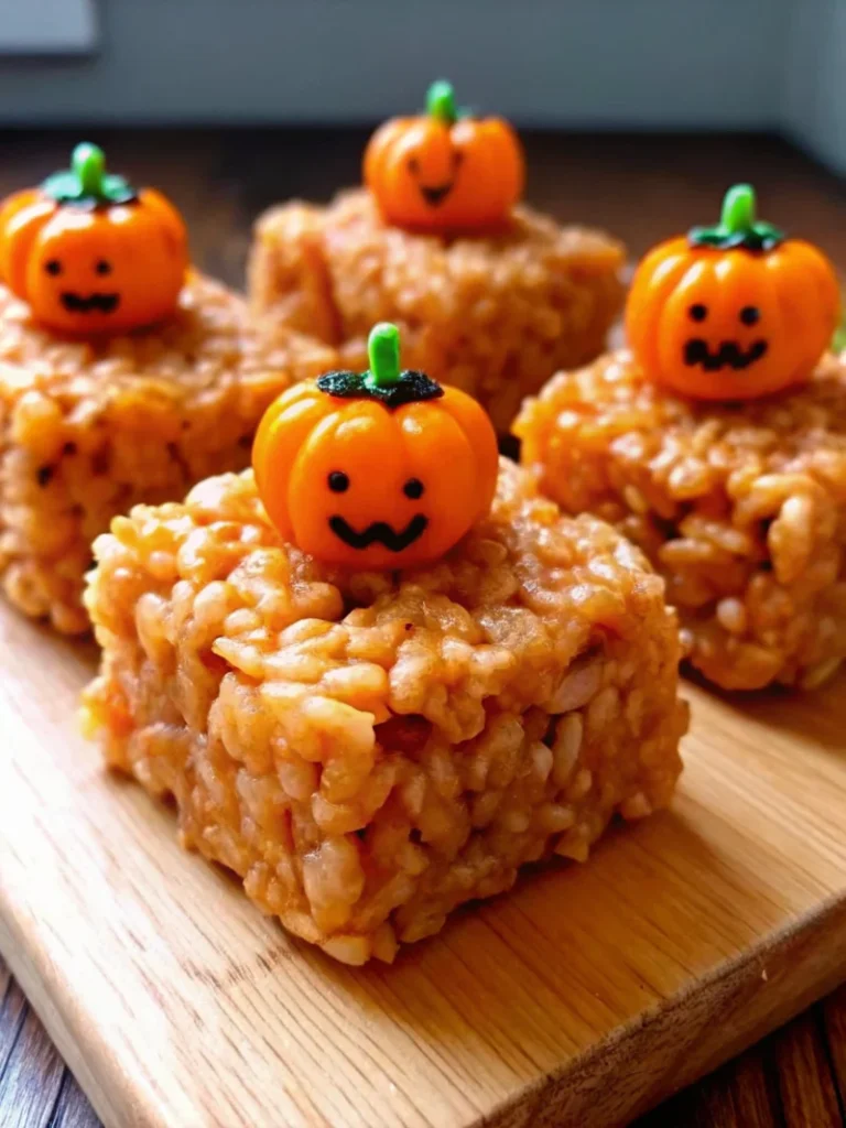 Pumpkin Rice Krispie Treats cut into perfect orange squares topped with white chocolate drizzle and fall sprinkles on white parchment paper