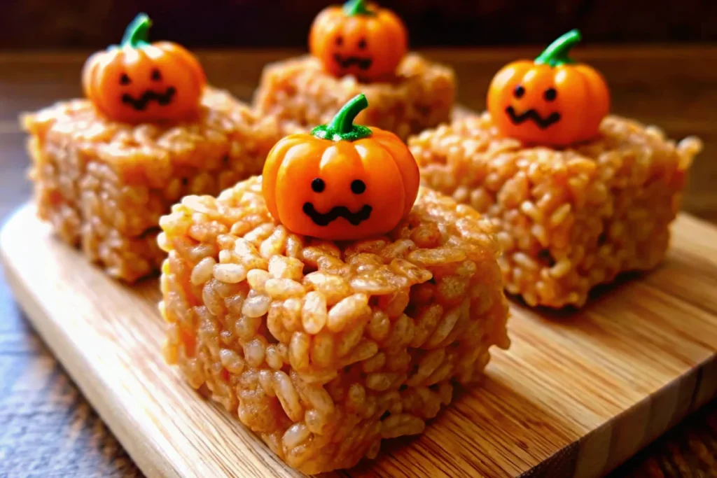Pumpkin Rice Krispie Treats cut into perfect orange squares topped with white chocolate drizzle and fall sprinkles on white parchment paper