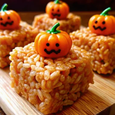Pumpkin Rice Krispie Treats cut into perfect orange squares topped with white chocolate drizzle and fall sprinkles on white parchment paper