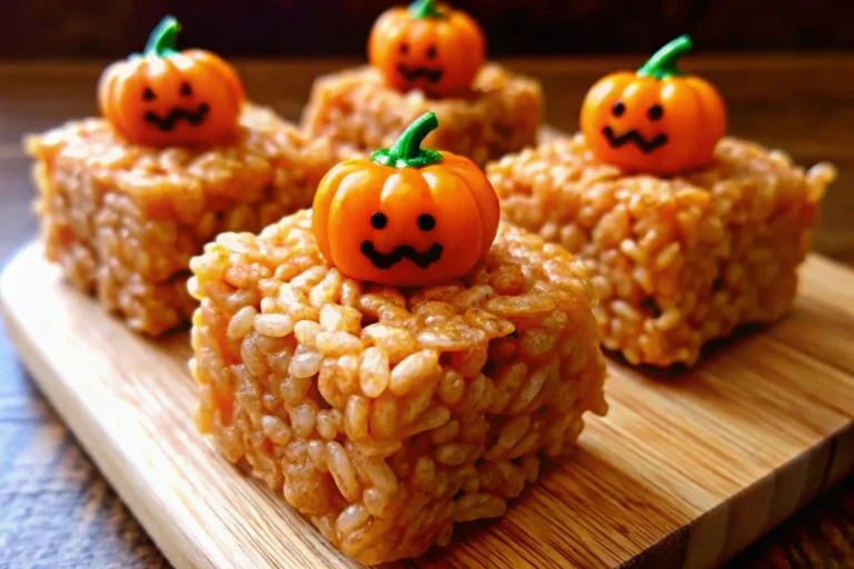 Pumpkin Rice Krispie Treats cut into perfect orange squares topped with white chocolate drizzle and fall sprinkles on white parchment paper