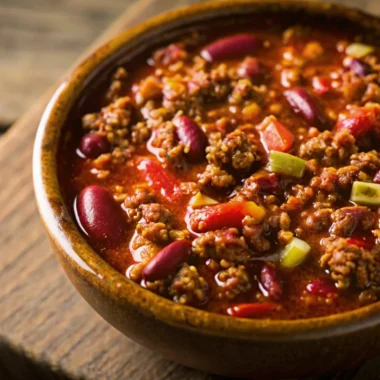 Easy classic chili recipe with ground beef, beans, and tomatoes served in a white bowl with toppings