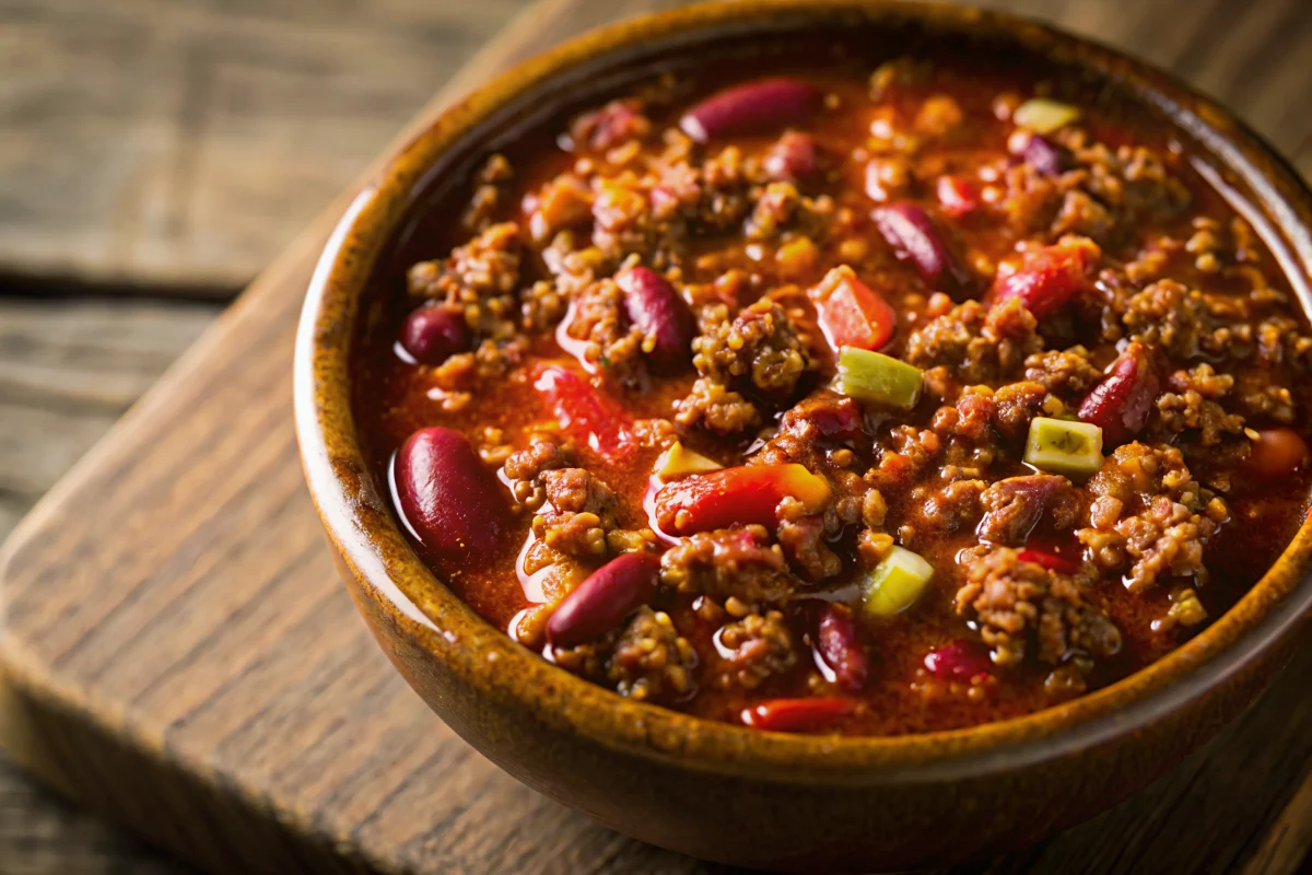 Easy classic chili recipe with ground beef, beans, and tomatoes served in a white bowl with toppings