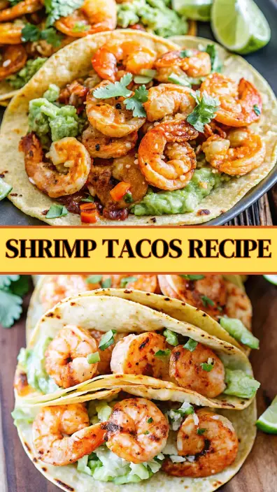 Shrimp tacos recipe featuring grilled shrimp, creamy guacamole, fresh cilantro, and lime wedges on soft corn tortillas.