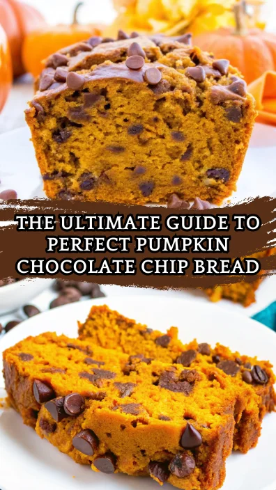 Sliced pumpkin chocolate chip bread with chocolate chips on white plate surrounded by orange pumpkins - homemade fall baking recipe