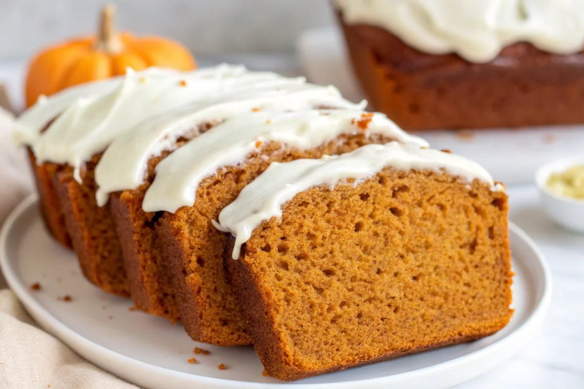 Sliced pumpkin bread with cream cheese frosting showing moist orange interior texture and white glaze drizzle
