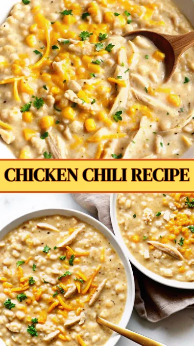 Two bowls of homemade white chicken chili with creamy broth, tender chicken pieces, white beans, corn kernels, and fresh herb garnish