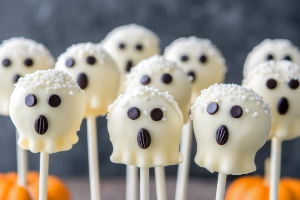 Easy Halloween ghost cake pops covered in white chocolate with black gel icing faces arranged on black serving tray with orange lighting