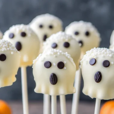 Easy Halloween ghost cake pops covered in white chocolate with black gel icing faces arranged on black serving tray with orange lighting