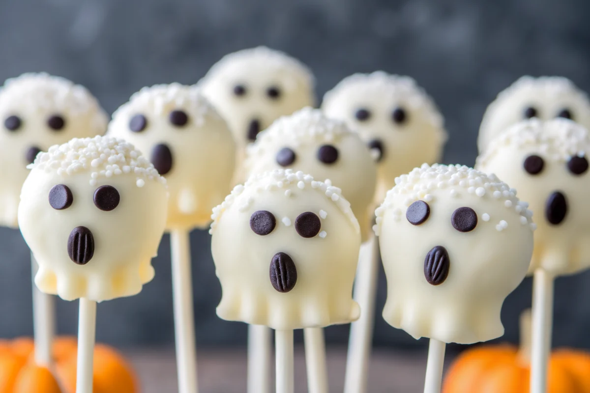 Easy Halloween ghost cake pops covered in white chocolate with black gel icing faces arranged on black serving tray with orange lighting