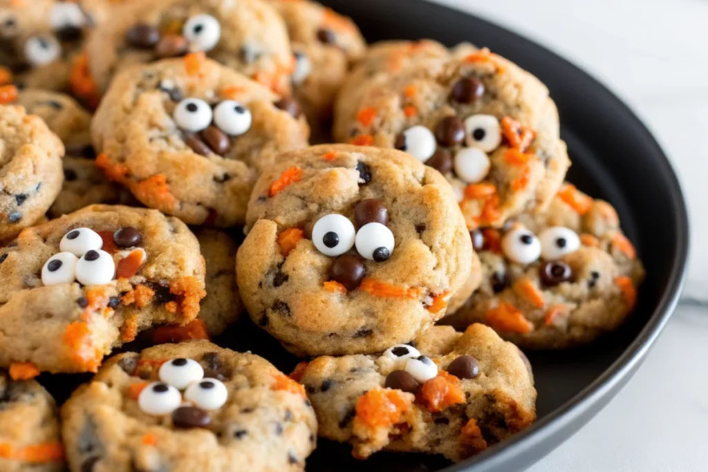 Halloween chocolate chip cookies with orange and black sprinkles and candy eyes arranged on a festive orange plate, perfect spooky treats for Halloween parties and trick-or-treaters
