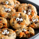 Halloween chocolate chip cookies with orange and black sprinkles and candy eyes arranged on a festive orange plate, perfect spooky treats for Halloween parties and trick-or-treaters