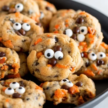 Halloween chocolate chip cookies with orange and black sprinkles and candy eyes arranged on a festive orange plate, perfect spooky treats for Halloween parties and trick-or-treaters