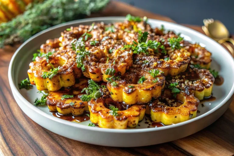 Golden caramelized acorn squash baked with maple syrup and cinnamon arranged on white parchment paper showing perfectly roasted edges and tender interio