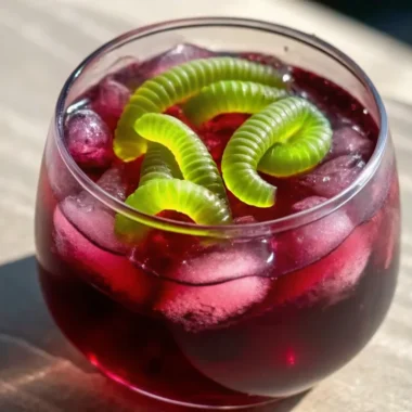 Spooky Halloween grape punch in black cauldron with gummy worms floating on purple liquid surface for Halloween party