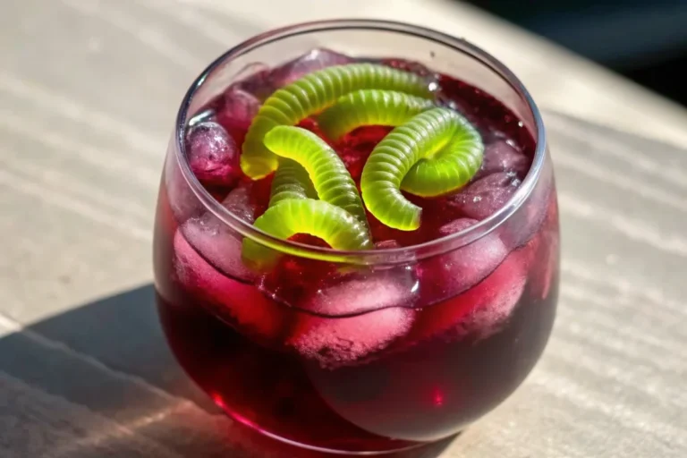 Spooky Halloween grape punch in black cauldron with gummy worms floating on purple liquid surface for Halloween party