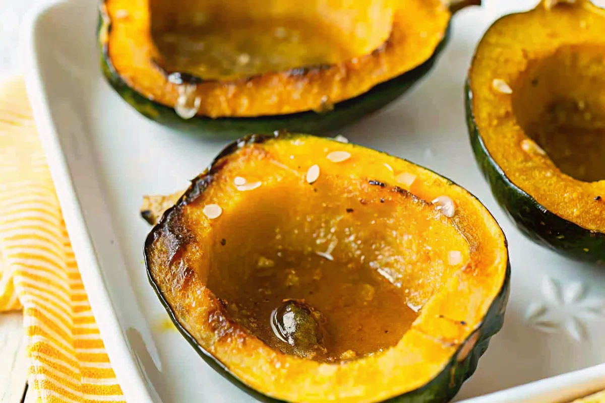 Golden brown acorn squash baked with butter and brown sugar, cut in half showing tender orange flesh, served on white ceramic plate