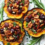 Perfectly golden acorn squash baked and stuffed with savory Italian sausage, spinach, cranberries and pecans on a rustic wooden serving board