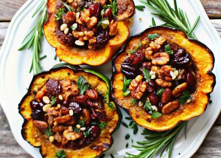 Perfectly golden acorn squash baked and stuffed with savory Italian sausage, spinach, cranberries and pecans on a rustic wooden serving board