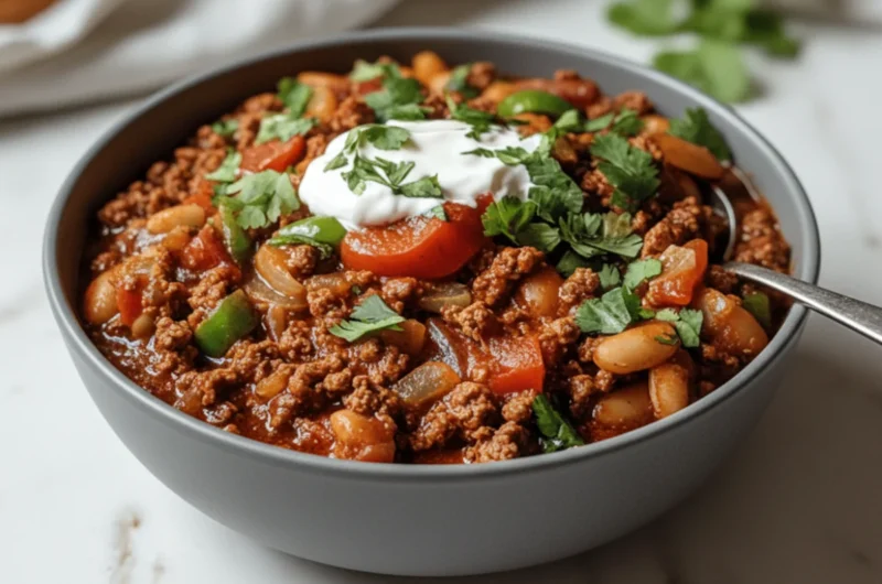 Best ground beef stovetop chil recipe with beans and spices in a large pot, perfect comfort food for family dinners