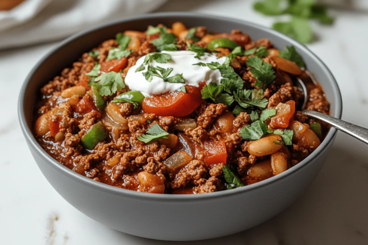 Best ground beef stovetop chil recipe with beans and spices in a large pot, perfect comfort food for family dinners