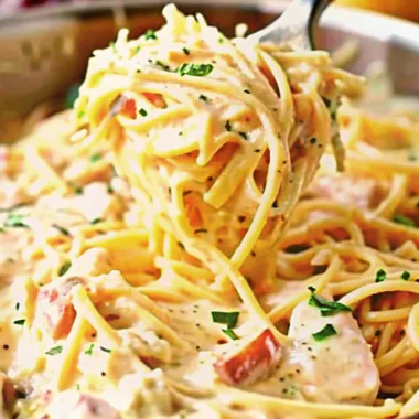 Creamy cheesy chicken spaghetti in a white bowl topped with fresh parsley and parmesan cheese