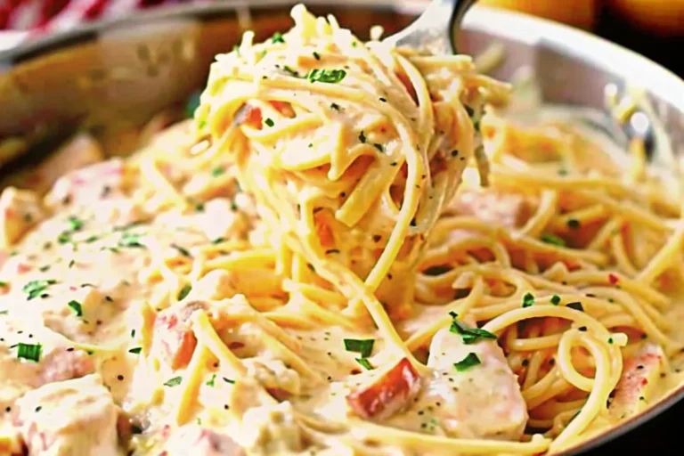 Creamy cheesy chicken spaghetti in a white bowl topped with fresh parsley and parmesan cheese
